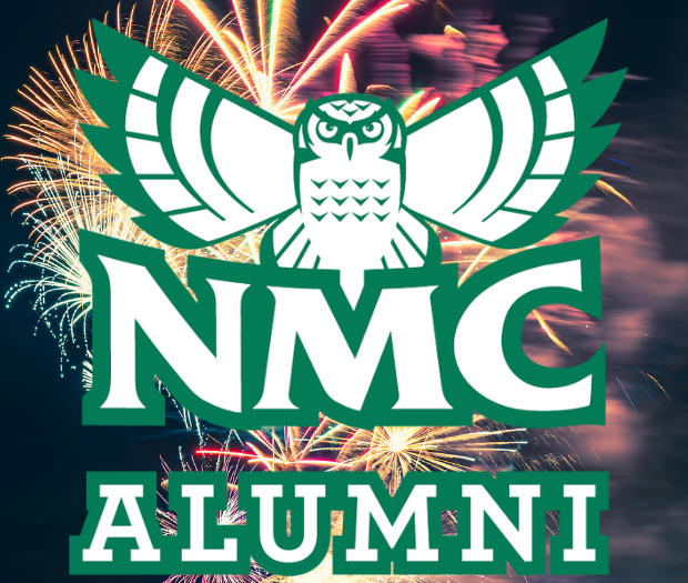 NMC Alumni logo with fireworks in the background