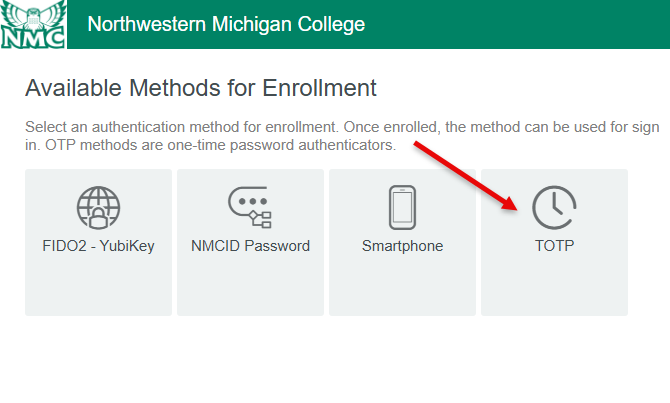 Available methods for enrollment include password, smartphone and a time-based one-time password