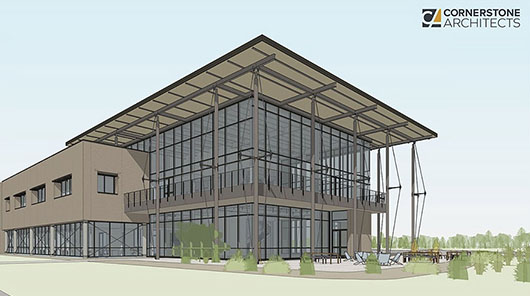 Architectural rendering of the Freshwater Research & Innovation Center building on West Grand Traverse Bay