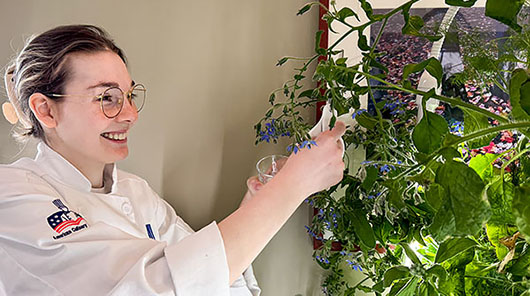 A Great Lakes Culinary Institute student harvests herbs from one of the institute's hydroponic gardens