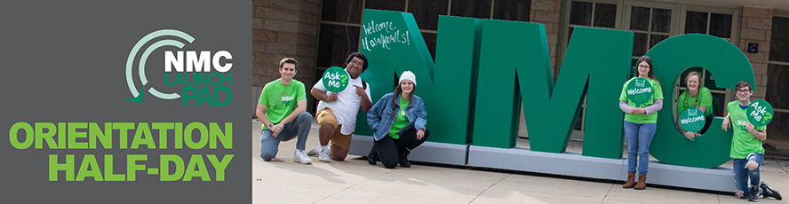 Launchpad half-day orientation header with photo of NMC student outside the NMC Library