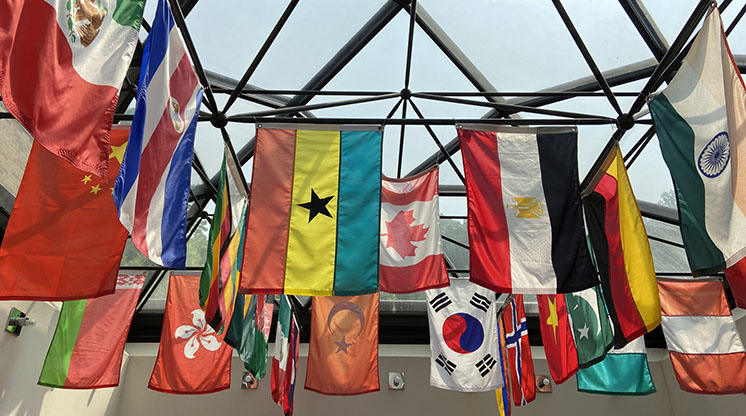 Flags from around the world in the atrium between the Biederman and Tanis buildings