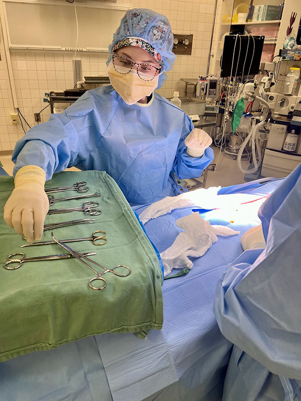 An NMC Surgical Technology program student reaches for an instrument on an operating table